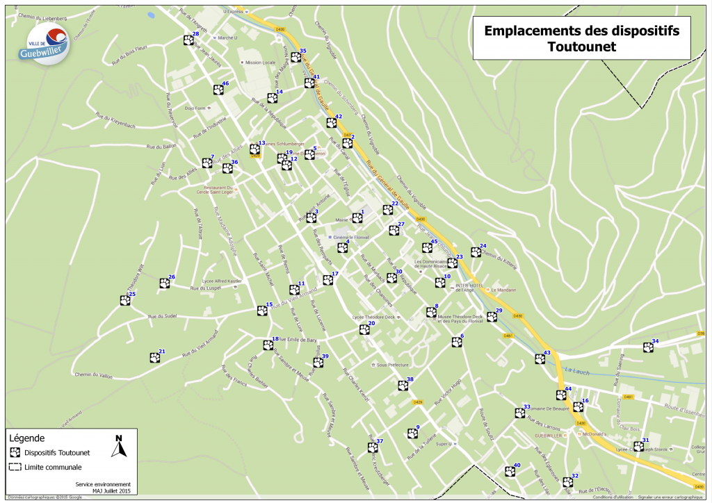 Les petits icônes en forme de pate de chien matérialisent l'emplacement des toutounets. Au total, ce sont 46 dispositifs qui sont répartis dans toute la ville de Guebwiller. Objectif : propreté des rues