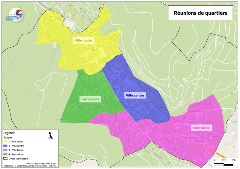 La ville de Guebwiller a été découpée en quatre secteurs pour les réunions de quartier : ville haute, les vallons, ville centre et ville basse. 